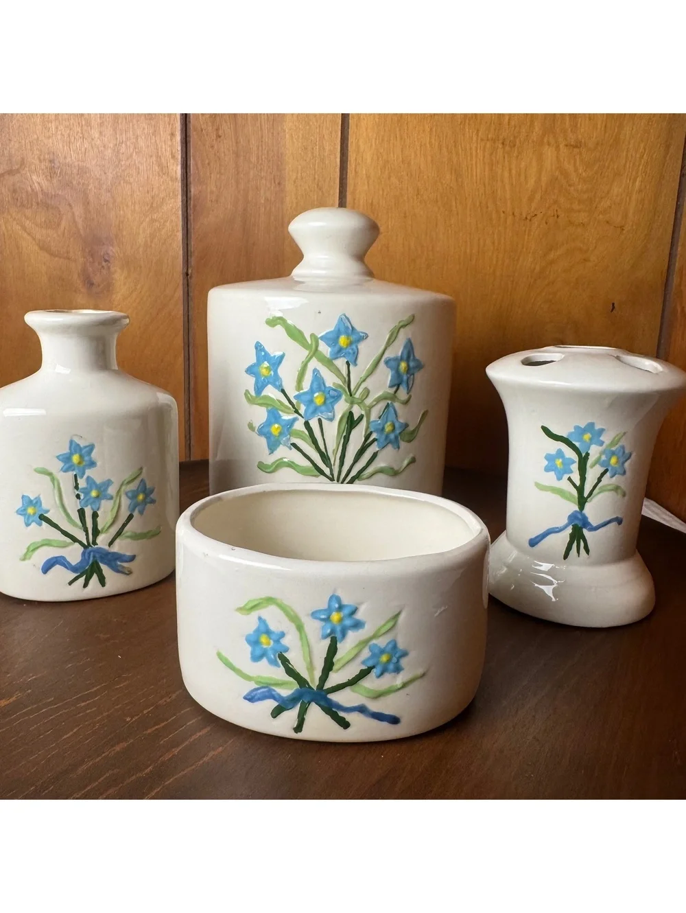 Vintage 1979 Ceramic Bathroom Set Blue Floral Handmade 4 Piece Vanity Décor